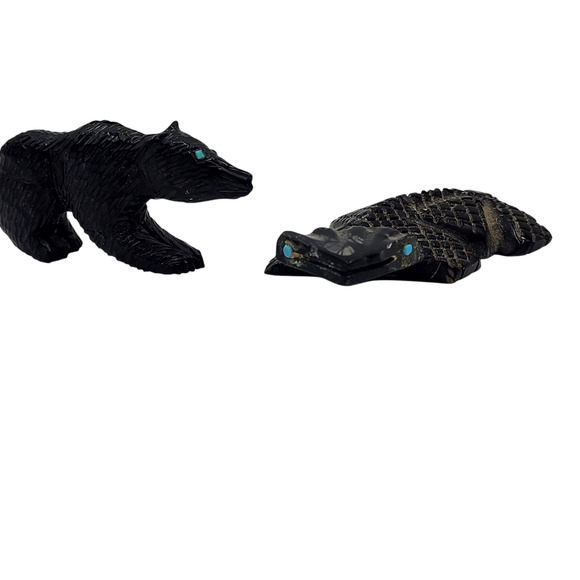 Native American Zuni Hand Carved Bear Alligator Fetishes Black Stone Turquoise - Picture 5 of 14